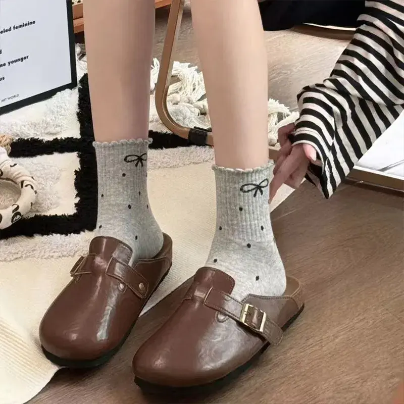 Cute Dot Bow Socks for Women Spring Summer Cotton Breathable Middle Tube Socks Korean Girl Ruffle Princess Socks