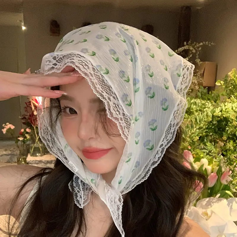 T Lace Flower Print Triangle Headscarf for Women Summer Thin Square Scarf Headband Sweet Girl Turban Caps Headwear