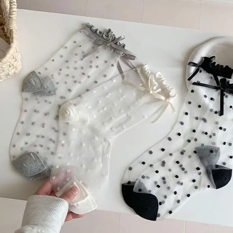 Cute Dot Bow Summer Socks for Girl Mesh Breathable Glass Silk Thin Stockings Japanese Girl Lolita Bowknot Calf Socks