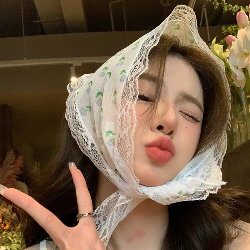 T Lace Flower Print Triangle Headscarf for Women Summer Thin Square Scarf Headband Sweet Girl Turban Caps Headwear