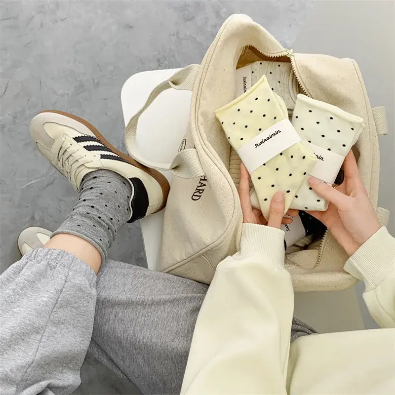 Cute Dot Socks for Women Spring Autumn Ruffle Soft Cotton Middle Tube Socks Sweet Girl Solid Color Elastic Socks Sokken