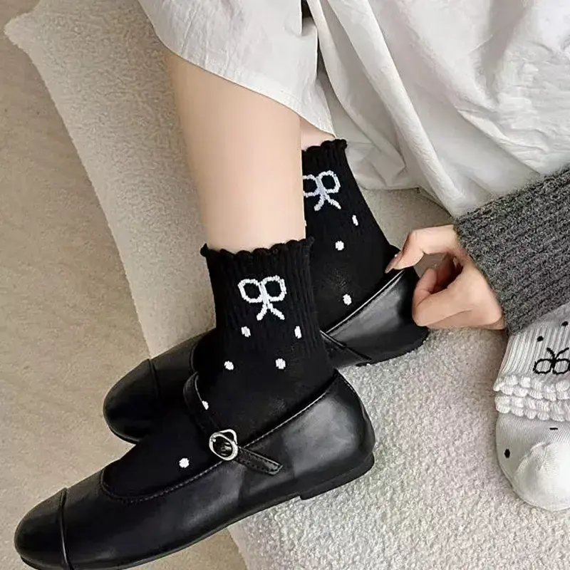 Cute Dot Bow Socks for Women Spring Summer Cotton Breathable Middle Tube Socks Korean Girl Ruffle Princess Socks
