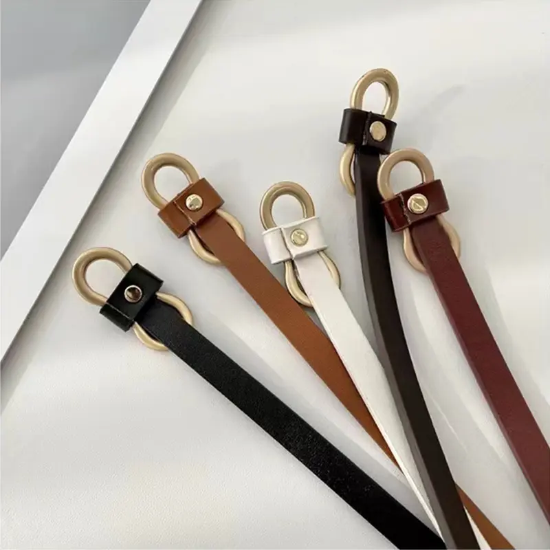 Metal Buckle Nonporous Belts for Women Fashion PU Leather Knotted Long Thin Waistband Adjustable Dress Coat Decorative Straps