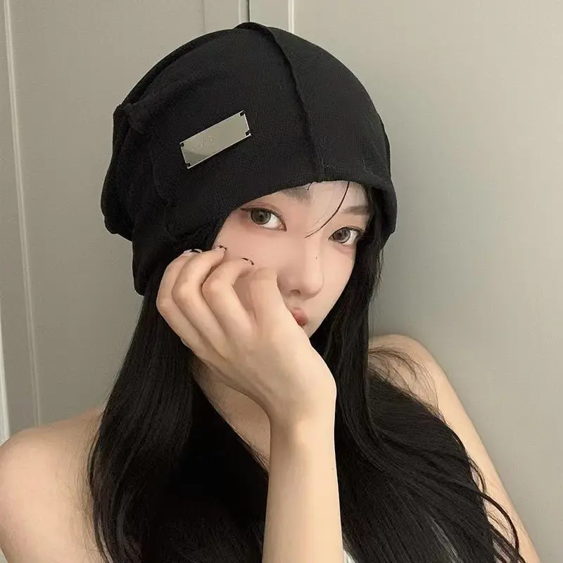 Korean Slouchy Beanies Cap for Women Autumn Winter Warm Skullies Hat Female Hip Hop Metal Label Baggy Pullover Hats