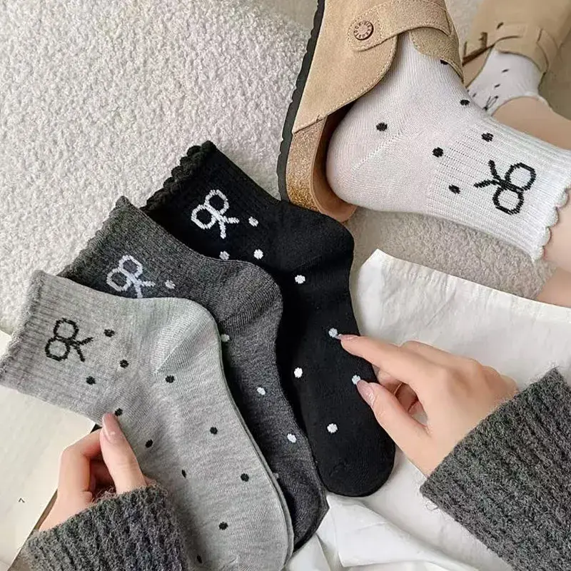 Cute Dot Bow Socks for Women Spring Summer Cotton Breathable Middle Tube Socks Korean Girl Ruffle Princess Socks