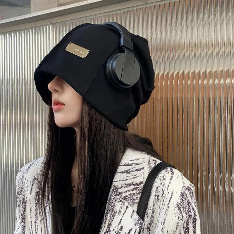 Korean Slouchy Beanies Cap for Women Autumn Winter Warm Skullies Hat Female Hip Hop Metal Label Baggy Pullover Hats