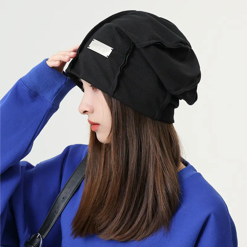 Korean Slouchy Beanies Cap for Women Autumn Winter Warm Skullies Hat Female Hip Hop Metal Label Baggy Pullover Hats