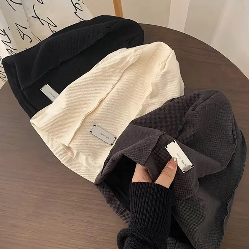 Korean Slouchy Beanies Cap for Women Autumn Winter Warm Skullies Hat Female Hip Hop Metal Label Baggy Pullover Hats