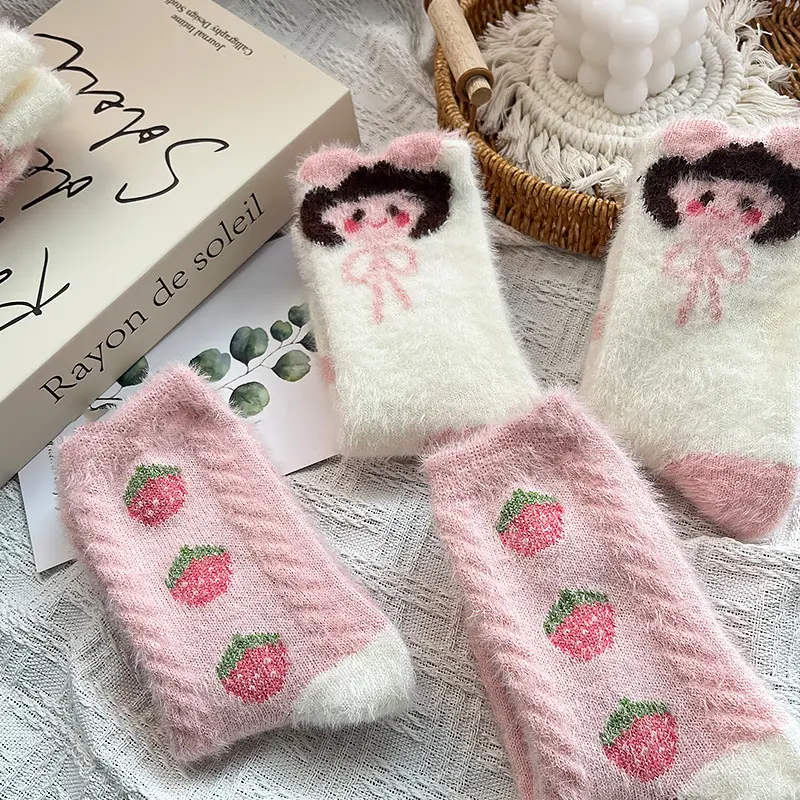 Cute Fluffy Rabbit Fur Socks for Women Autumn Winter Warm Plush Sock Korean Pink Strawberry Pint Girls Home Sleep Floor Socks