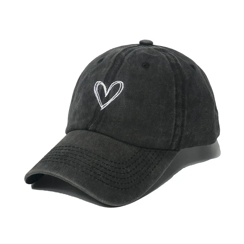 Love Heart Embroidery Baseball Caps for Women Men Retro Washed Cotton Snapback Couple Hats Outdoor Hip Hop Sunshade Peaked Hats