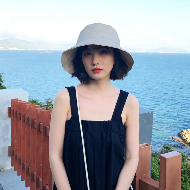 Summer Bucket Hat for Women Big Wide Brim Outdoor Soft Cotton Solid Color Sun Hats Portable Foldable Panama Cap Lady Caps