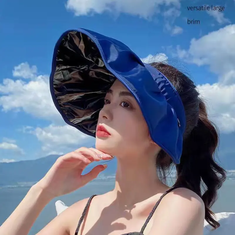 Summer UV Protection Women Sun Hats Fashion Solid Color Outdoor Beach Wide Brim Foldable Bucket Hat Ponytail Caps Panama Cap