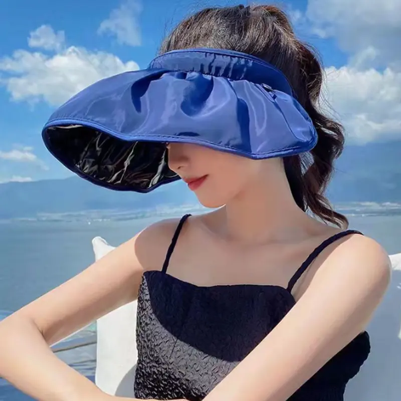 Summer UV Protection Women Sun Hats Fashion Solid Color Outdoor Beach Wide Brim Foldable Bucket Hat Ponytail Caps Panama Cap