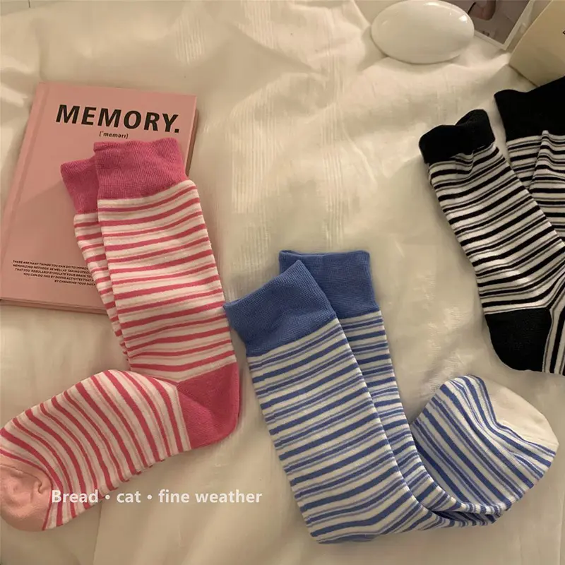 Korean Striped Socks for Women Breathable Cotton Mid Tube Sock Harajuku Spring Autumn Casual Girls Long Socks