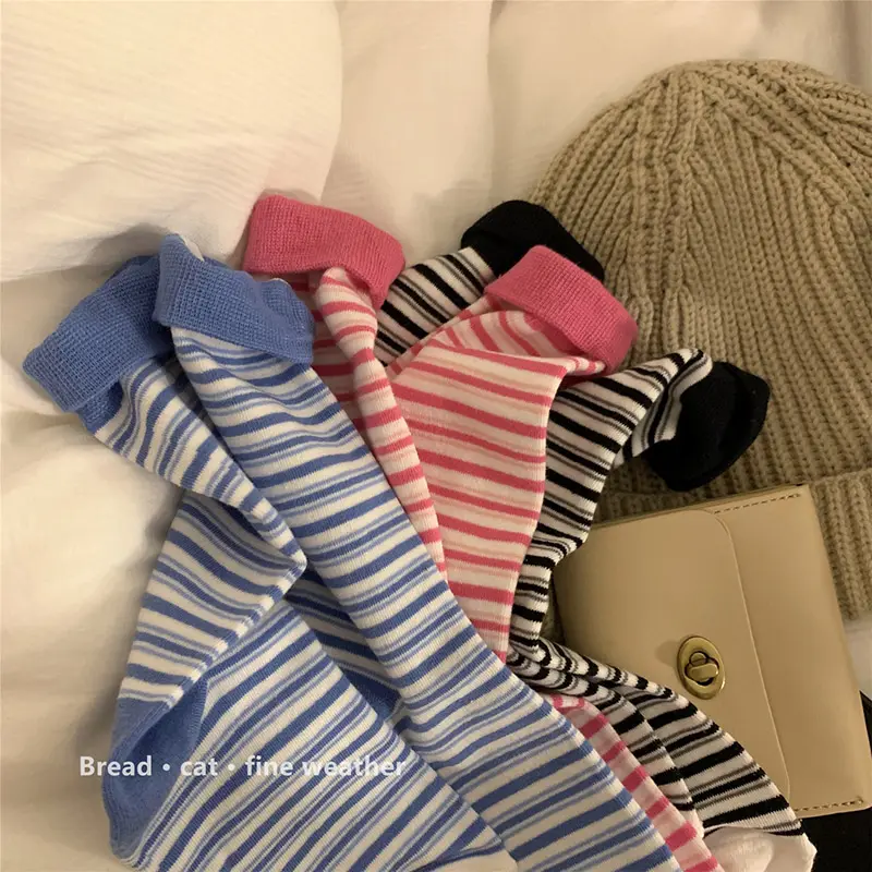Korean Striped Socks for Women Breathable Cotton Mid Tube Sock Harajuku Spring Autumn Casual Girls Long Socks