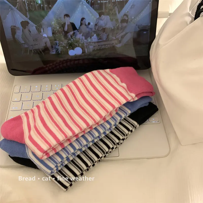 Korean Striped Socks for Women Breathable Cotton Mid Tube Sock Harajuku Spring Autumn Casual Girls Long Socks