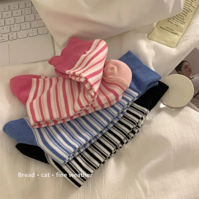Korean Striped Socks for Women Breathable Cotton Mid Tube Sock Harajuku Spring Autumn Casual Girls Long Socks