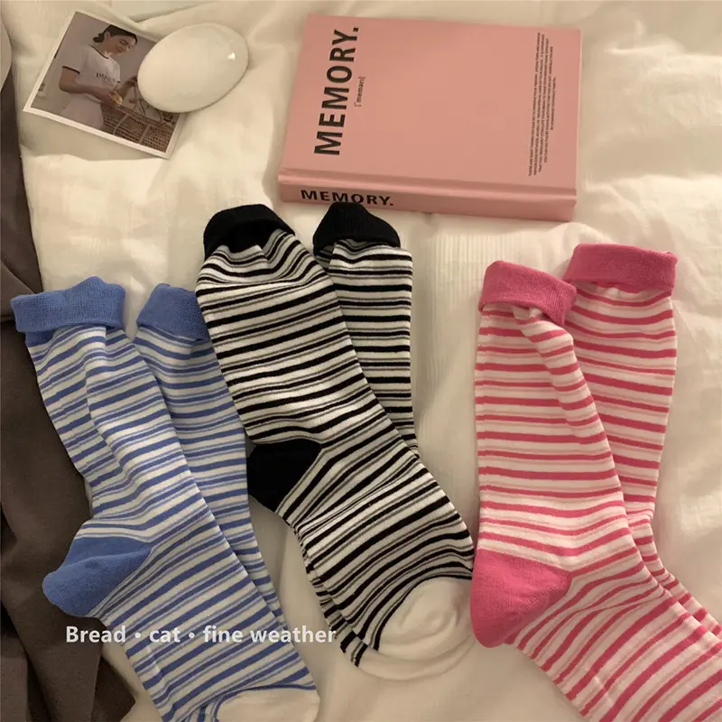 Korean Striped Socks for Women Breathable Cotton Mid Tube Sock Harajuku Spring Autumn Casual Girls Long Socks