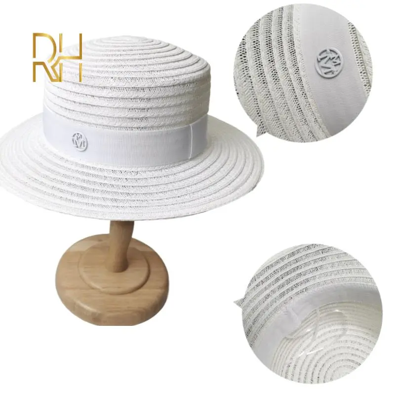 Anna Fashion Flat Top Boater Straw Hat Summer Female M Letter Top Vacation Breathable Party White Socialite Hat
