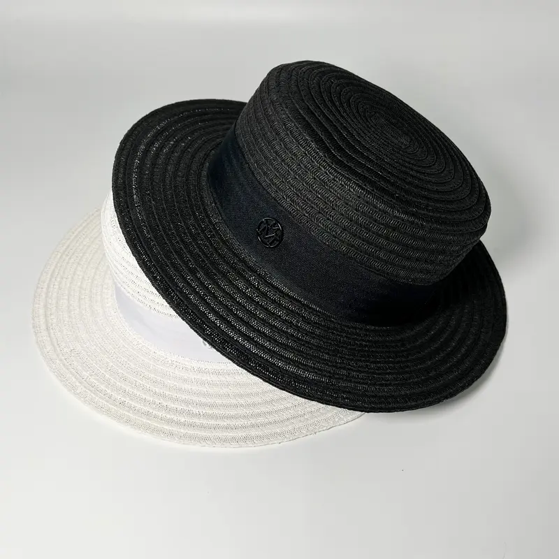 Anna Fashion Flat Top Boater Straw Hat Summer Female M Letter Top Vacation Breathable Party White Socialite Hat