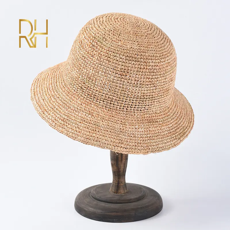 RH Handmade Ladies Crochet Natural Raffia Straw Bucket Hat Spring Summer Beach Floppy fisherman Caps