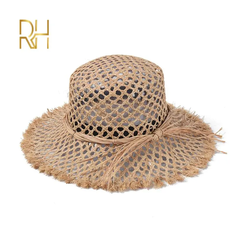Raffia Straw Hats Women Summer 2020 Bow Hollow Out Breathable Wide Brim Sombreros Mujer Verano Beach Cap Straw Sun Hat Femme RH