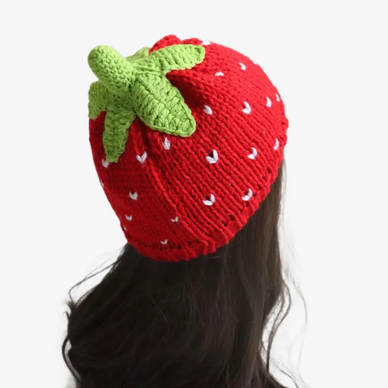 Sweet Strawberry Hat Handmade Knitted Beanie Caps Girl Adult Cute Casual Red Fruit Skull Pullover Cap