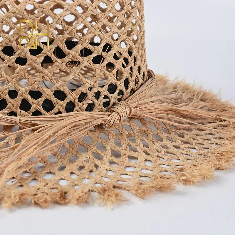 Raffia Straw Hats Women Summer 2020 Bow Hollow Out Breathable Wide Brim Sombreros Mujer Verano Beach Cap Straw Sun Hat Femme RH