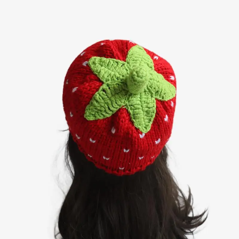 Sweet Strawberry Hat Handmade Knitted Beanie Caps Girl Adult Cute Casual Red Fruit Skull Pullover Cap