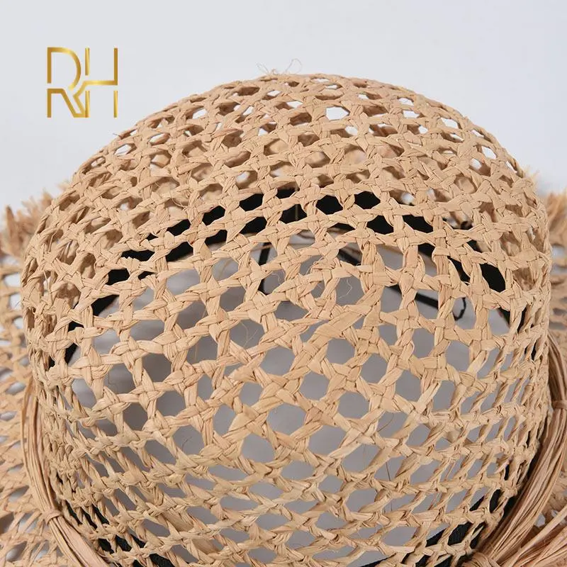 Raffia Straw Hats Women Summer 2020 Bow Hollow Out Breathable Wide Brim Sombreros Mujer Verano Beach Cap Straw Sun Hat Femme RH