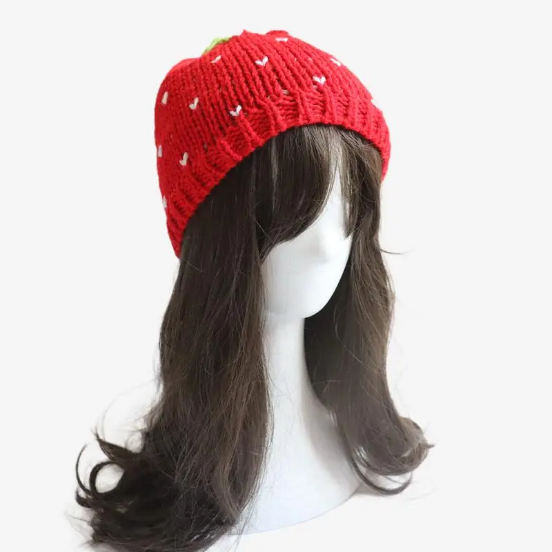 Sweet Strawberry Hat Handmade Knitted Beanie Caps Girl Adult Cute Casual Red Fruit Skull Pullover Cap