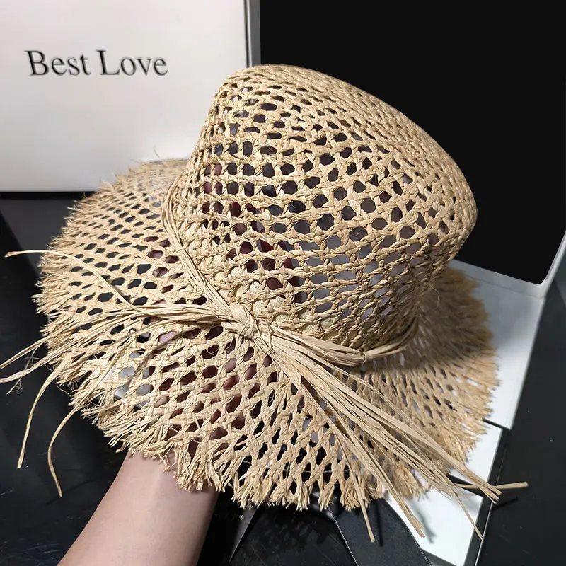 Raffia Straw Hats Women Summer 2020 Bow Hollow Out Breathable Wide Brim Sombreros Mujer Verano Beach Cap Straw Sun Hat Femme RH