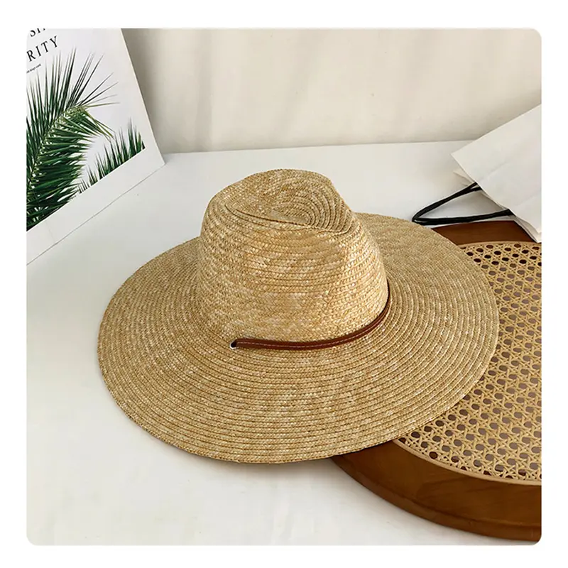 RH Big Brim Panama Jazz Straw Hat Ladies Summer Leather Strap Windproof Wide Fields Natural Wheat Fedora Beach Straw Hats