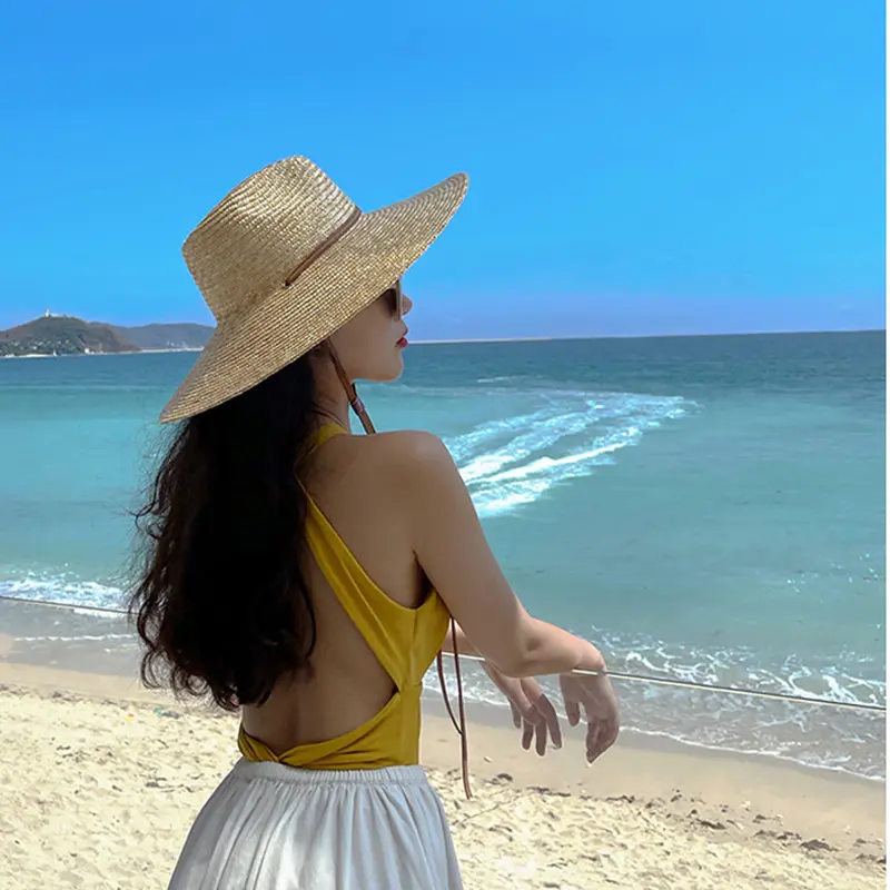 RH Big Brim Panama Jazz Straw Hat Ladies Summer Leather Strap Windproof Wide Fields Natural Wheat Fedora Beach Straw Hats