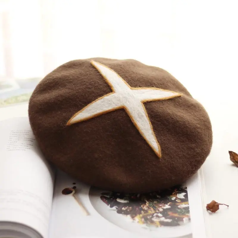 Women Autumn Winter Creative Cute Handmade Brown Wool Felt Brown Shiitake Mushroom Artist Beret Hat