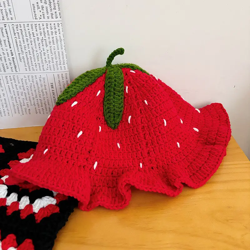 Handmade Crochet Knit Fringe Hat Sweet Cute Red Strawberry Leaf Edge Pullover Bucket Hat