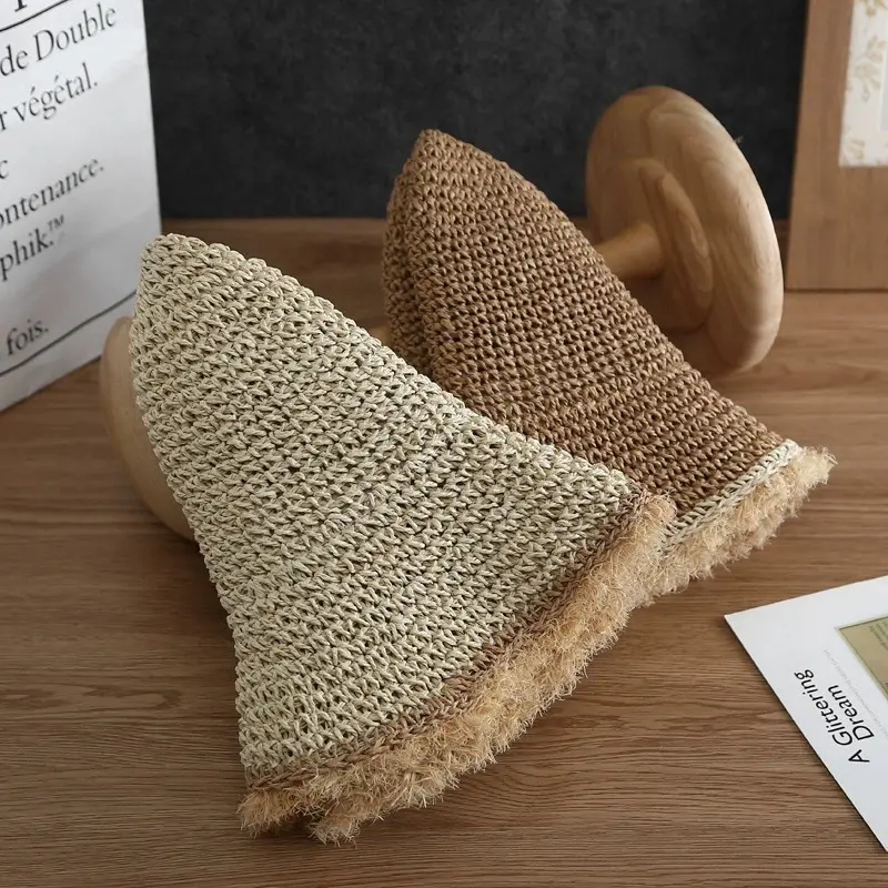 RH Ladies Casual Sun Panama Hat Folding Handmade Paper Straw Raffia Fringe Edge Tassel Beach Hat