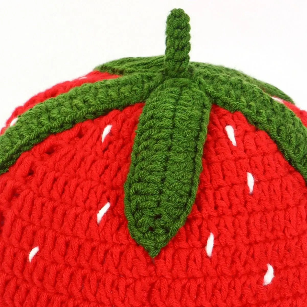 Handmade Crochet Knit Fringe Hat Sweet Cute Red Strawberry Leaf Edge Pullover Bucket Hat