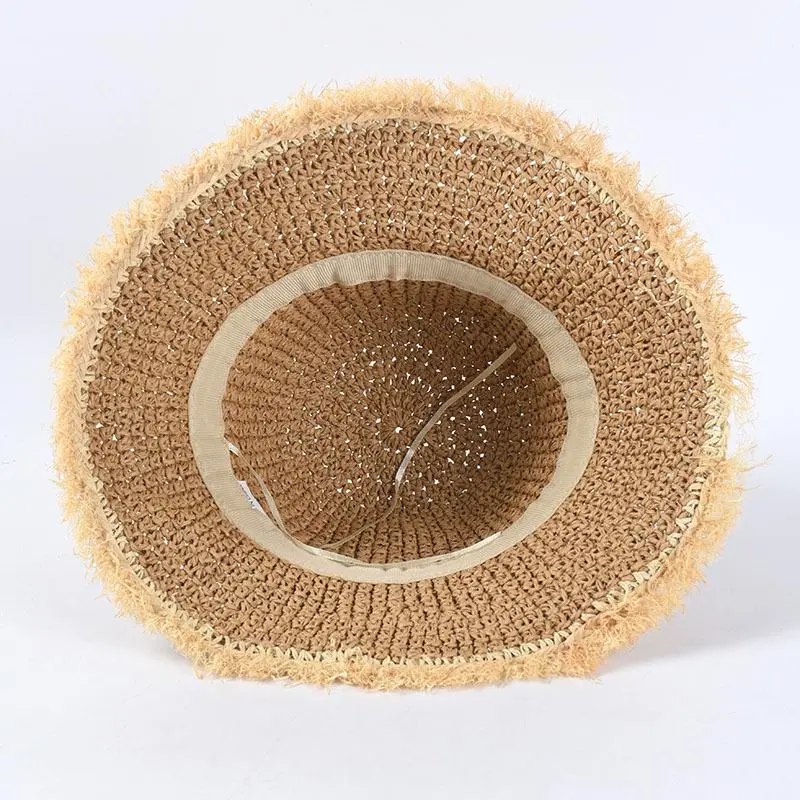 RH Ladies Casual Sun Panama Hat Folding Handmade Paper Straw Raffia Fringe Edge Tassel Beach Hat