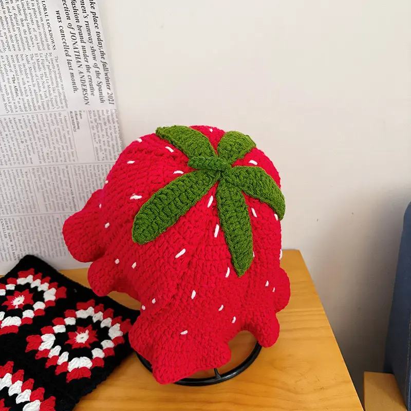 Handmade Crochet Knit Fringe Hat Sweet Cute Red Strawberry Leaf Edge Pullover Bucket Hat
