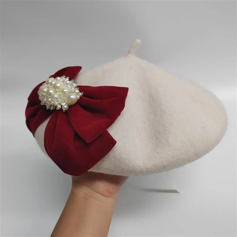 Women'S Autumn Winter Black Wool Painter Cap Big Velvet Bow Elegant Peals Fashion Sweet Artist Beret Hat