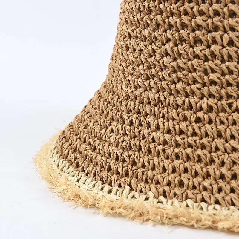 RH Ladies Casual Sun Panama Hat Folding Handmade Paper Straw Raffia Fringe Edge Tassel Beach Hat