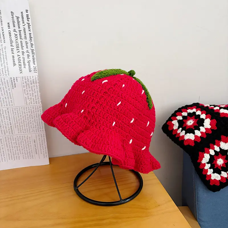 Handmade Crochet Knit Fringe Hat Sweet Cute Red Strawberry Leaf Edge Pullover Bucket Hat
