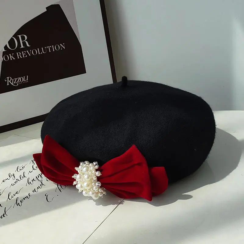 Women'S Autumn Winter Black Wool Painter Cap Big Velvet Bow Elegant Peals Fashion Sweet Artist Beret Hat