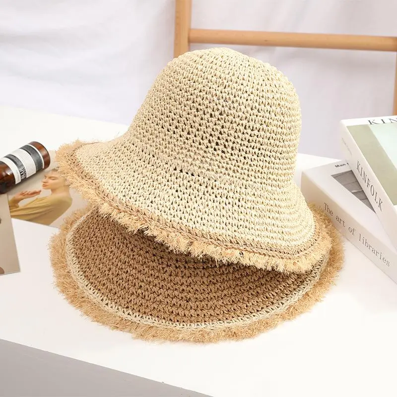 RH Ladies Casual Sun Panama Hat Folding Handmade Paper Straw Raffia Fringe Edge Tassel Beach Hat