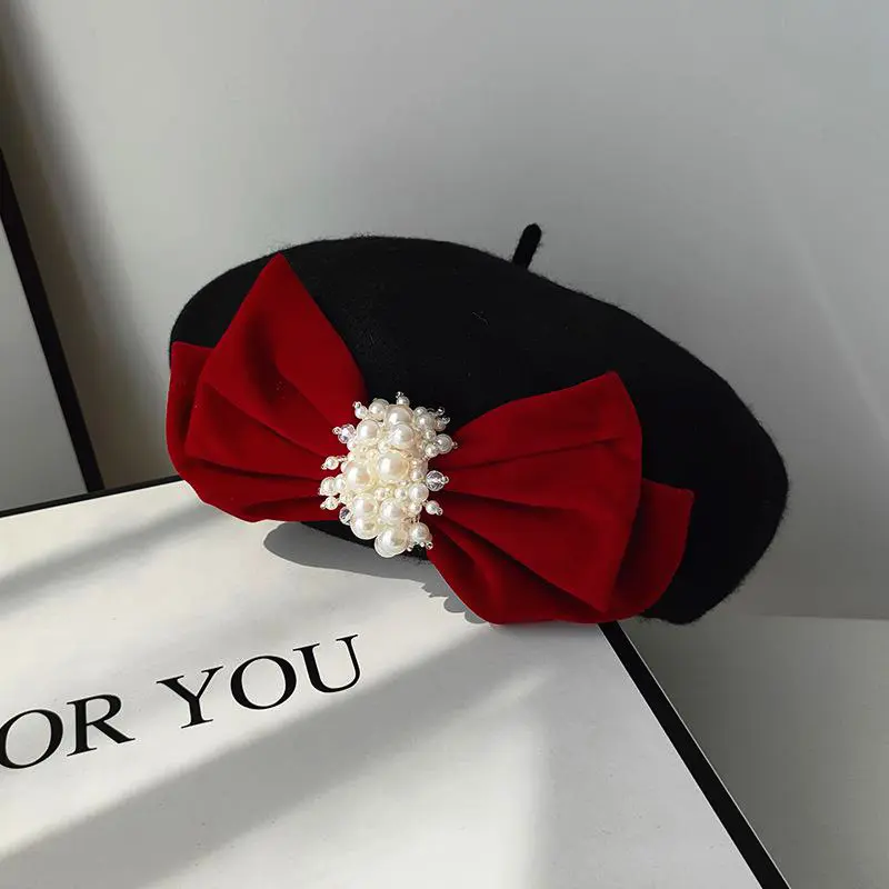 Women'S Autumn Winter Black Wool Painter Cap Big Velvet Bow Elegant Peals Fashion Sweet Artist Beret Hat