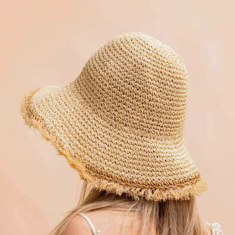RH Ladies Casual Sun Panama Hat Folding Handmade Paper Straw Raffia Fringe Edge Tassel Beach Hat