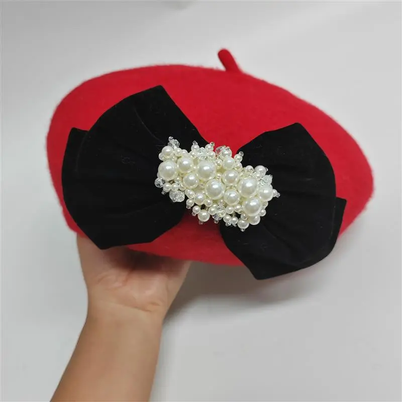 Women'S Autumn Winter Black Wool Painter Cap Big Velvet Bow Elegant Peals Fashion Sweet Artist Beret Hat