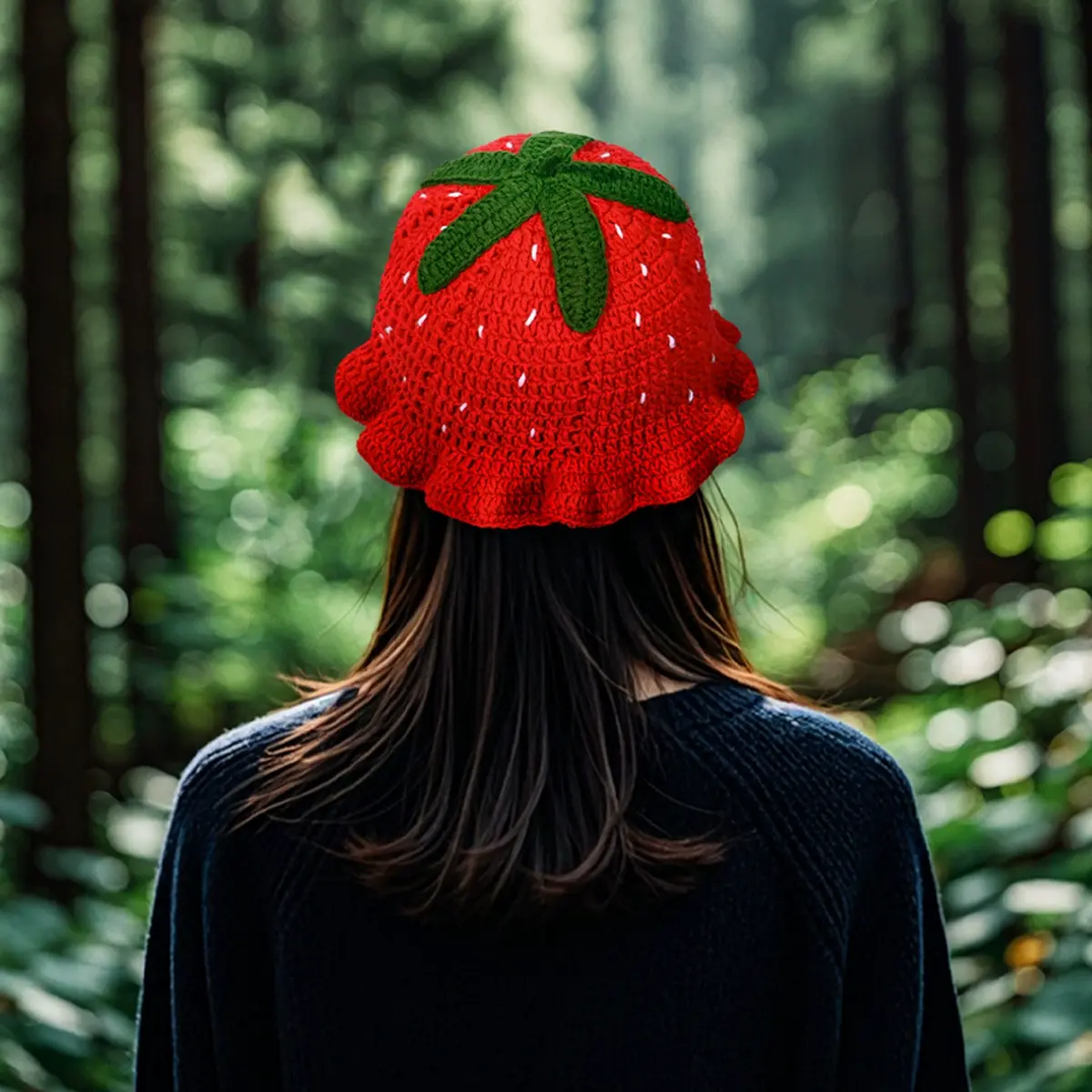 Handmade Crochet Knit Fringe Hat Sweet Cute Red Strawberry Leaf Edge Pullover Bucket Hat