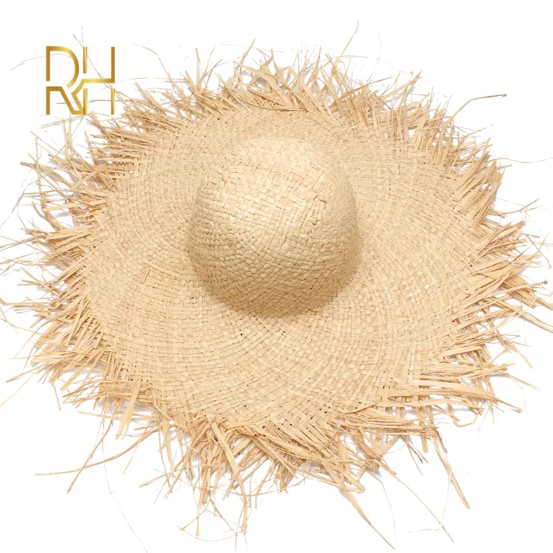 Natural Raffia Women Straw Sun Hats Large Wide Brim Raw Edge Handmade Beach Caps For Holiday